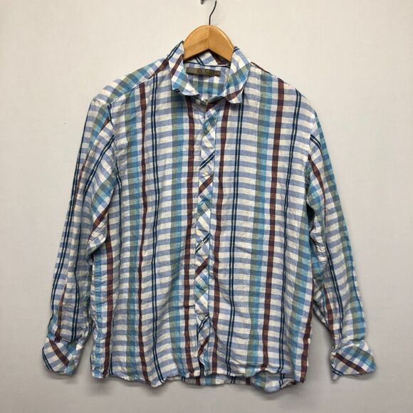 Raffi Linea Uomo Men Long Sleeve Linen Button Up Shirt Size Large Plaid M159 -22 - Picture 1 of 14